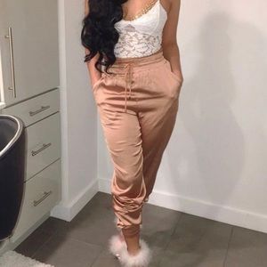 ROSE GOLD SATIN JOGGERS #MESHKI